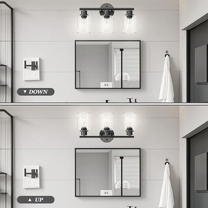 Guliaofo 3-Light Black Vanity Lights, E26 Modern Bathroom Light Fixtures with Clear Glass Shade, Wall Lamps for Mirror Kitchen Hallway Cabinet Living Room Sconces Lights