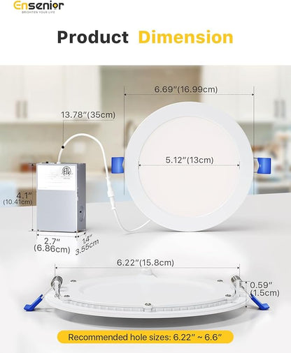 Ensenior 12 Pack 6 Inch Ultra-Thin LED Recessed Light with Junction Box, 2700K-6000K Selectable, 12W 110W Eqv, Dimmable, 1050LM High Brightness - ETL Certified