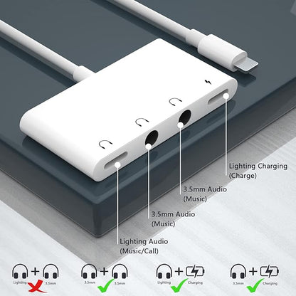 Unitrox 4 in 1 Headphone Splitter, iPhone Headphone Adapter + Dual 3.5mm Headphone Jack Adapter + Charging Port for iPhone 14 13 12 11 X 8 7