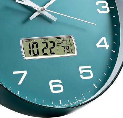 TIMESS Wall Clock, 10" Dial Non-Ticking Silent Battery Operated Analog with LCD Display for Perpetual Calendar and F° Temperature, Ideal Modern Home, Office Decor (Green)