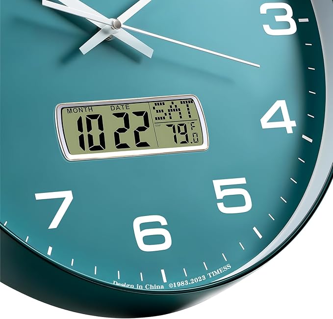 TIMESS Wall Clock, 12" Dial Non-Ticking Silent Battery Operated Analog with LCD Display for Perpetual Calendar and F° Temperature, Ideal Modern Home, Bedroom, Kitchen, Office Decor (Green)