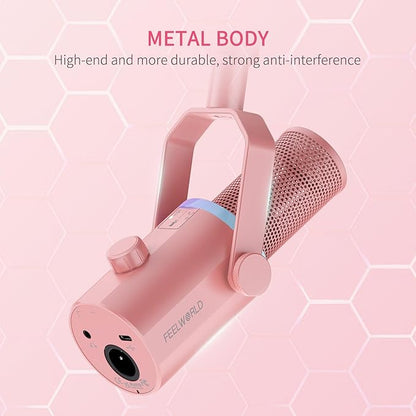 FEELWORLD PM1 XLR USB Dynamic Microphone with Desktop Stand Gifts for Podcast Recording PC Computer Gaming Streaming Vocal Voice-Over, Studio Metal Mic, RGB Light, Mute Button, Headphones Jack (Pink)