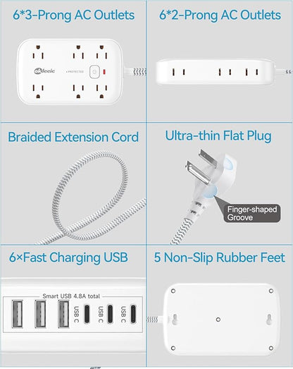 Power Strip with USB, 2100J Surge Protector Flat Plug Extension Cord 5ft, 12 Outlets & 6 USB(3 USB C)Charging Station, 3 Side Outlet Extender Wall Mountable for Tablet Laptop Computer Multiple Devices