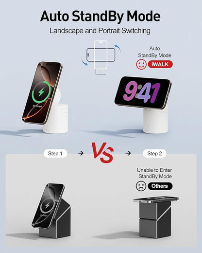 iWALK 3 in 1 Wireless Charging Stand with Auto Rotation, Charging Station with Magnet for Apple Devices, 15W Foldable Wireless Charger Station for iPhone 16 15 14 13 12 & Apple Watch & Airpods, White