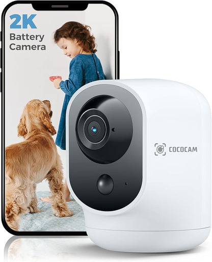 COCOCAM 2K Indoor Pan/Tilt Security Camera with 5200mAh Battery, WiFi Camera,Wireless for Baby Monitor/Pet/Home Security, AI Recognition, PIR Human Detection, 2.4G WiFi (White)