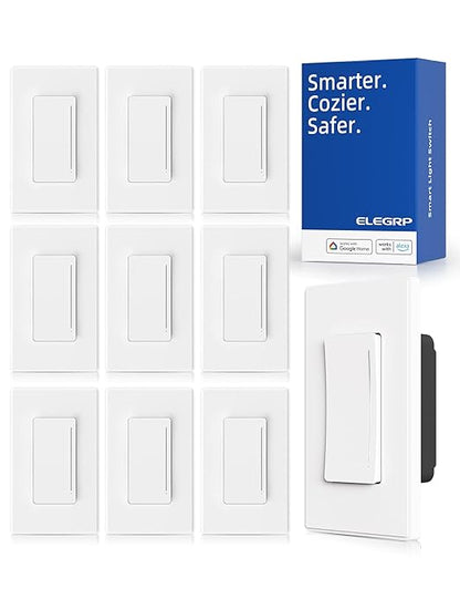 ELEGRP Smart Dimmer Light Switch DTR30, Single Pole or 3 Way, 2.4GHz Wi-Fi Touch Dimmer Compatible with Alexa/Google Assistant, Needs Neutral Wire, No Hub Required, UL and FCC Listed, White, 10 Pack