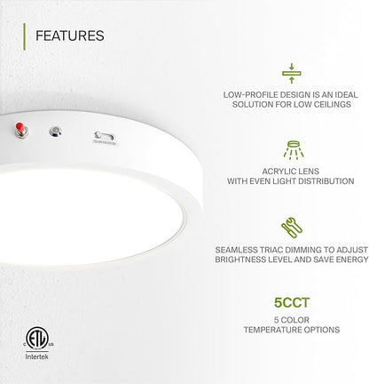 ASD LED 12" Round Flush Mount Ceiling Light Fixture, Low Profile Surface Lighting | 5CCT, Dimmable, Battery Backup, ETL Listed | 24W 2100LM 2700-6000K 120V | Kitchen, Hallway Lamp | White, 6 Pack