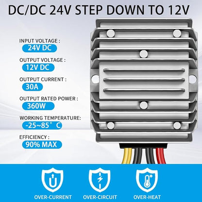 DC 24V Step Down to 12V 30A 360W DC Converter Regulator Voltage Regulator, 12V Converter, IP67 Waterproof Power Supply Module Buck Transformer for Golf Cart Forklifts Car Truck Boat Vehicle