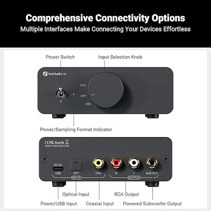 Fosi Audio Q6 Mini Desktop DAC, USB C Digital to Analog Audio Converter for Home Stereo Amplifier and Headphone Amp, Optical/Coaxial Input, RCA Output/Sub-Out, High-Resolution 32bit/768kHz DSD512