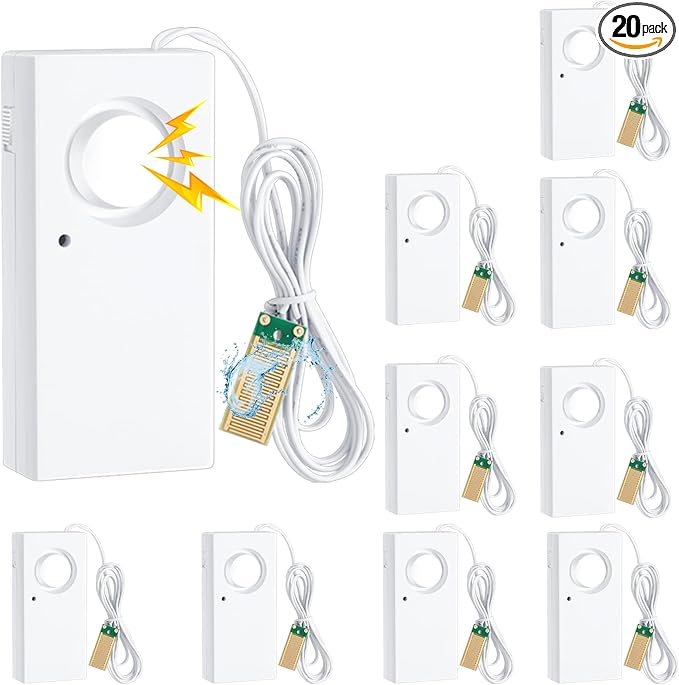 Hoteam 20 Pcs Water Sensor Alarm Leak Detector 120db Water Leak Alarm 9v Battery Flood Sensor Detector Overflow Security Alert for Home Basement Kitchen Garage Bath Tub Sink, White