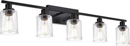 WINSHEN 40 Inches Length Black Bathroom Lighting Fixtures, 5-Light Modern Industrial Wall Sconce Vanity Light Fixture with Seeded Glass for Bedroom Over Mirror