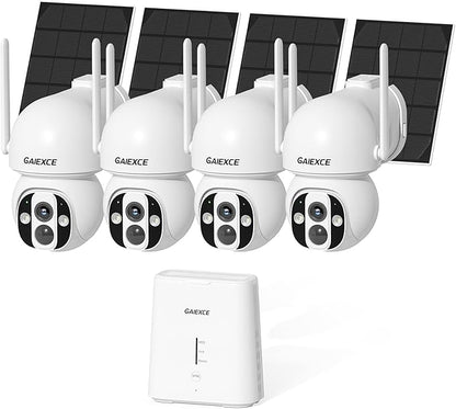 GAIEXCE Solar Home Security Camera System Wireless Outdoor, 4 Cam Kit with Base Station, No Subscription, Local Storage, Expandable 10CH, 2K 360° Pan Tilt, Color Night Vision, Works Offline, 2.4G/5G