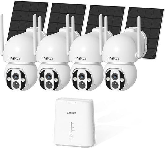 GAIEXCE Solar Home Security Camera System Wireless Outdoor, 4 Cam Kit with Base Station, No Subscription, Local Storage, Expandable 10CH, 2K 360° Pan Tilt, Color Night Vision, Works Offline, 2.4G/5G