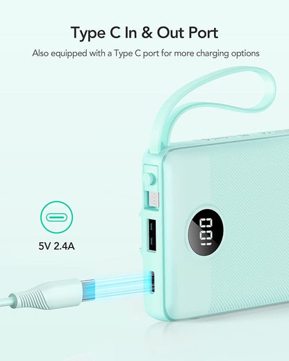 VRURC Portable Charger for iPhone, 22.5W Fast Charging Power Bank 10000mAh, USB C Battery Pack 4 Outputs 3 Inputs, Slim Phone Charger with Cables for iPhone 17 16 15 14 13,Samsung Galaxy-Green(1 Pack)