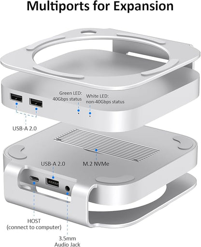 Akkyajaure 40Gbps USB4 Hub & Stand for Mac mini M4/M4 Pro, All-Aluminum Docking Station with 40Gbps M.2 SSD (NVMe PCle) Enclosure, 3*USB 2.0, 3.5mm Audio, USB4 Host | Mac mini M4 USB-4 Dock