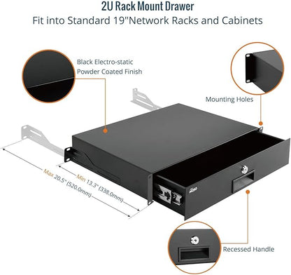 Tecmojo 2U Rack Drawer,Rack Mount Drawer for 19in Network Equipment/Server/AV Rack or Cabinet Enclosure,Sliding and Lockable Server Rack Drawer - Load-Bearing 44lb (20kg),with Cable Management Holes