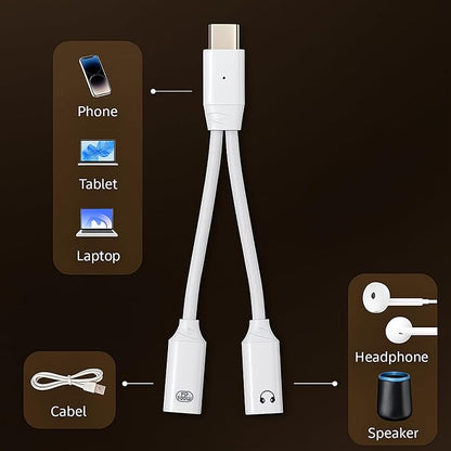 Mizi Headphone Splitter 3.5mm Stereo to Dual 3.5mm Female Jack Audio, Extension Cable Y Splitter Compatible with iPhone Samsung iPad Tablet Laptop - Grey