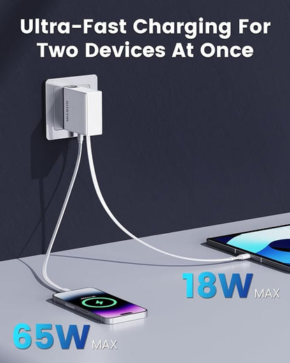 65W USB C Retractable Wall Charger with Built-in Type-C Cable, Portable Fast Charger Block with Foldable Plug, Compatible for Laptop, MacBook Pro/Air, iPhone 16/15, Galaxy S25, Pixel, iPad
