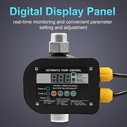 OELFFOW Smart Pump Controller with 2 Metal Pump Connector, BSPP G1 Threaded Interface, 2 Modes Digital Display, Adjustable Pressure, High Power, for Home, Garden, Industrial Use
