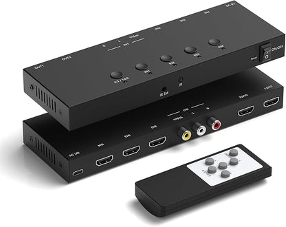 RuiPuo 4In to 2Out HDMI/AV Switch (1 AV Input+3 HDMI 2.0 Inputs) RCA to 2Port HDMI Converter for PS1/2/3/4/5, N64, SNES, Switch, DVD, Roku etc.