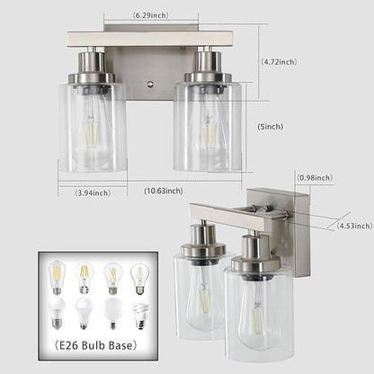 DIKAIDA Bathroom Vanity Light, 2-Light Nickel Modern Matte Wall Sconce Lighting with Clear Glass Shade, Wall Lights,Bath Vintage Wall Mounted Lamps for Mirror Bedroom Living Room