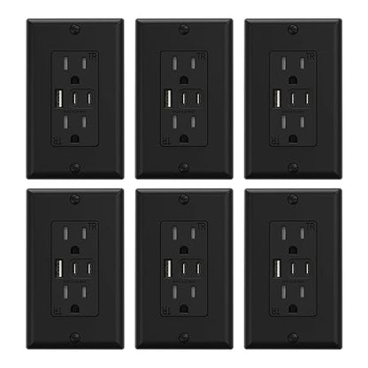 ELEGRP USB Outlets, 15 Amp Wall Outlet with 3 USB Ports, Dual USB C Ports Outlets, TR Tamper-Resistant USB Outlets Receptacles, Wall Plate Included, UL/CUL Listed, 6 Pack, Black