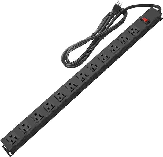 HHSOET Metal Wall Mount Power Strip, Mountable Power Outlet with 12 AC Outlets, Aluminum Alloy Mount Power Socket with Switch, 10 FT SJT 3/C 14AWG Power Cord, 15A 125V 1875W (12AC) Black
