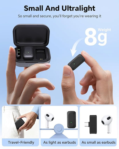 Jubolion Wireless Lavalier Microphone for iPhone/Android Phone/Laptop/PC, Mini Lapel Mic with 50H Battery Life Charging Case, 100FT Range and Noise Reduction, for Video Recording, Streaming, TikTok