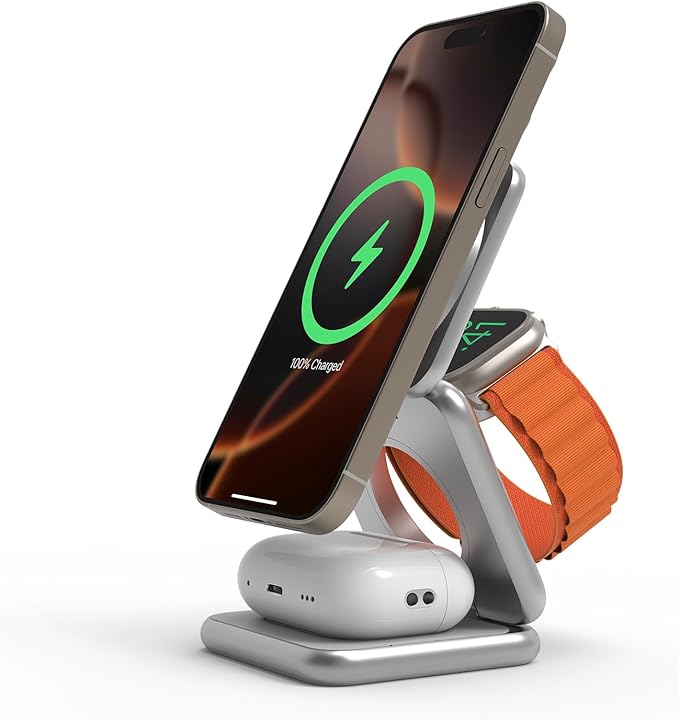 REDBEAN 3in1 Qi2 Wireless Charging Station, Mag-Safe Charger Stand Compatible with iPhone, Apple Watch & AirPods, 25W Foldable Fast Charging Dock, Aluminum Alloy for Multiple Devices, Silver