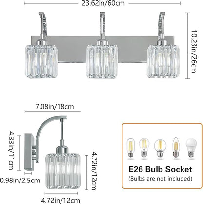 FDPBY Crystal Vanity Lights 3-Light Chrome Bathroom Vanity Lights Modern Crystal Bathroom Light Fixtures Over Mirror 23.62" Long Vanity Light for Bathroom