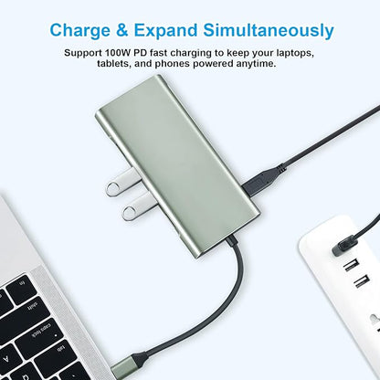 Vrebrey USB C Hub 11-in-1 Docking Station, Type-C Multiport Adapter with 4K HDMI, VGA, 100W PD, USB 3.0, RJ45 Ethernet, SD/TF Card Reader, AUX, Compatible with MacBook Pro/Air, Chromebook, Laptops