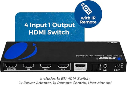 OREI 8K eARC HDMI 2.1 Switch 4x1, Switcher with Audio Extractor UltraHD Supports Upto 4K @ 120Hz PS5, Xbox, Gaming, Remote Contorl IR EDID HDCP 2.3 - Optical Out, L/R Headphones (BK-401ARC)