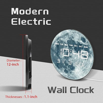 Timethink 12'' Full Moon Digital Wall Clock with LED Display, Lunar Moonlight LED Electric Wall Clock Calendar & Temperature, Automatic Dimming, 12/24hr Format, Wall & Desk Use for Bedroom Living Room