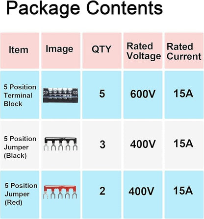 MILAPEAK Terminal Block and Strip - 10pcs (5 Sets) 5 Positions Dual Row 600V 15A Screw Terminal Strip Blocks with Cover + 400V 15A 5 Positions Pre-Insulated Terminals Barrier Strip (Black & Red)