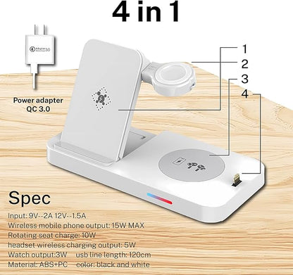 4-in-1 Fast Wireless Charging Station for iPhone16/15/14/13, Apple Watch Ultra/9/8, AirPods Pro,18W Qi-Certified (with QC3.0 Adapter)