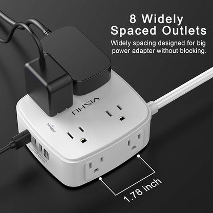 6 Ft Surge Protector Power Strip - YISHU 8 Widely Outlets with 4 USB Ports, 3 Side Outlet Extender with 6 Feet Flat Extension Cord, Ultra Flat Plug, Wall Mount, Desk USB Charging Station, ETL, White