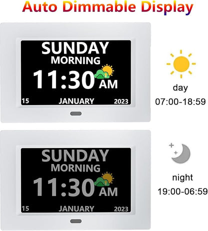 MRCHYDZ 7 Inch Clock with Day and Date for Elderly Large Display Digital Clocks 12 Alarm 3 Display Modes Large Font Alzheimer's Clock Alarm Clocks for Seniors Auto DST White