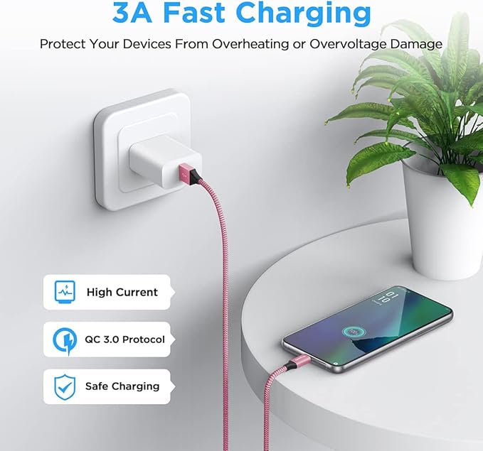 etguuds USB A to USB C Cable 4ft, 2-Pack, 3A Fast Charging Type C Charger Cord for iPhone 17 16 15 Pro Max 16e 17 Air, Samsung Galaxy S25 S24 S23 S22 S21 S20 A17 A16 A56 A55 Flip Fold, Pink