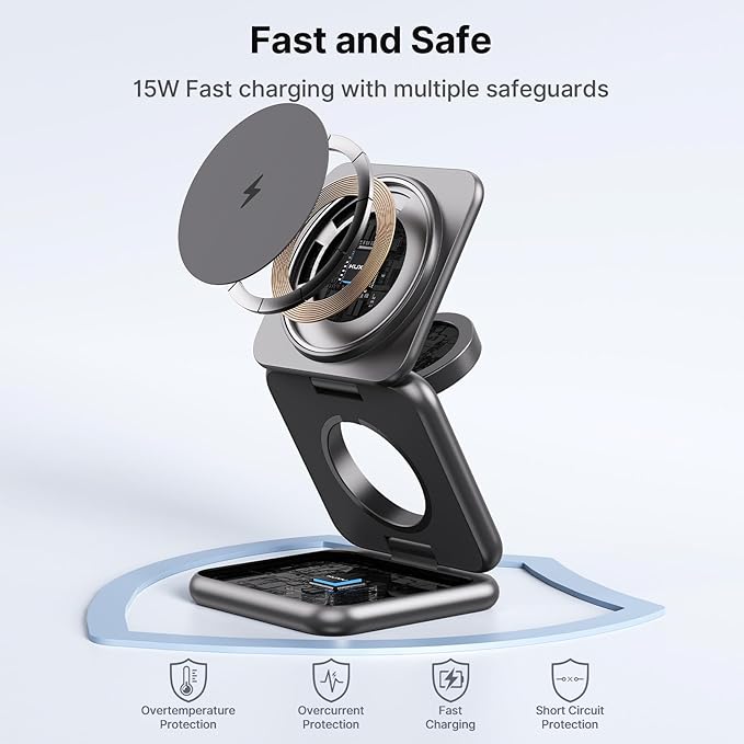 3 in 1 Charging Station for Apple Multiple Devices, Zinc Alloy Foldable Travel Wireless Charging pad for Mag-Safe Wireless Charger Stand for iPhone 16 15 14 13 12 Apple Watch Airpods