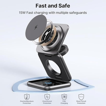 3 in 1 Charging Station for Apple Multiple Devices, Zinc Alloy Foldable Travel Wireless Charging pad for Mag-Safe Wireless Charger Stand for iPhone 16 15 14 13 12 Apple Watch Airpods