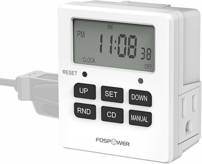 Fospower 7 Day Digital Timers for Electrical Outlets Indoor, Heavy Duty Dual Programmable Outlet Light Timer Switch, Electric Power Wall Timer for Grow Light, Appliance, Lamp, 3 Prong, Grounded
