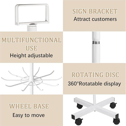 Exttlliy Retail Display Stand Store Display Rack 6 Tier Metal Spinning Display Stand Rack with Wheels Keychain Jewelry Stocking Hat Stand with Hooks for Malls, Showroom, Retail Store (6 Tier White)