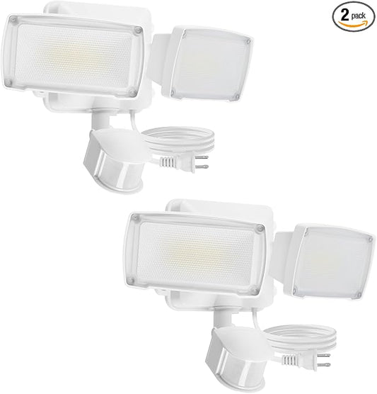 LUTEC 21W 2 Pack Plug in Motion Sensor Light Outdoor, Flood Lights Outdoor Motion Sensor,2500LM, 5000K Daylight,IP65 Waterproof,Adjustable 2 Heads Wall Light for Garage, Porch, Yard - White