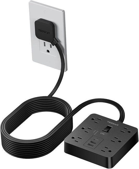 TESSAN Black Surge Protector Power Strip 10 ft Cord, Flat Plug Extension Cord with 6 Outlets 3 USB Ports (1 USB C), 1700J Protection, Heavy Duty Power Strip for Indoor Home Office School Dorm Room
