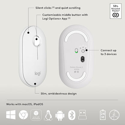 Logitech Pebble 2 Combo, Wireless Keyboard and Mouse, Quiet and Portable, Customizable, Logi Bolt, Bluetooth, Easy-Switch for Windows, macOS, iPadOS, Chrome - Tonal White