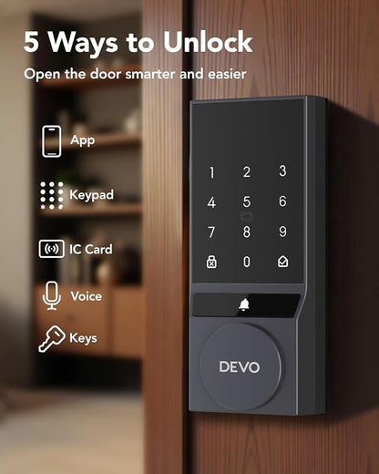 Devo G5 Smart Locks for Front Door, Keyless Entry Door Lock, Deadbolt Smart Lock, App Control, Built-in Wi-Fi, Touchscreen Keypad, 8 Months Battery, IP54 Waterproof, Auto Lock, Easy Installation