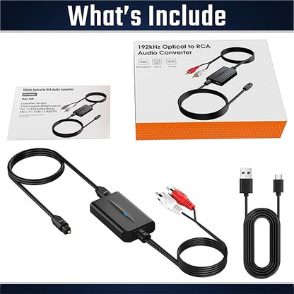192kHz DAC Digital to Analog Audio Converter 7ft/2.1m Digital Audio Optical to RCA Cable SPDIF to RCA Converter with Built-in Audio Amplifier Chipset for HDTV, DVD, Blu-Ray Players