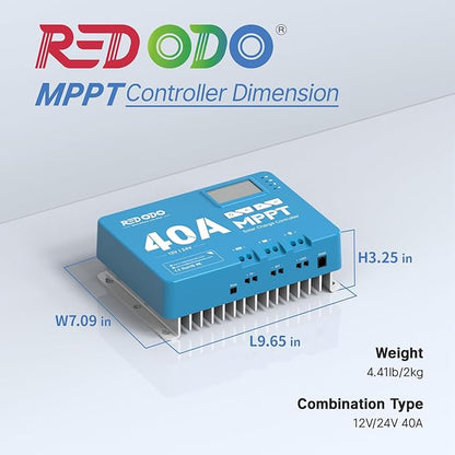 Redodo 40 Amp MPPT 12V/24V DC Input Solar Charge Controller with Built-in Bluetooth Module, Parameter Adjustable LCD Display LED Indicators