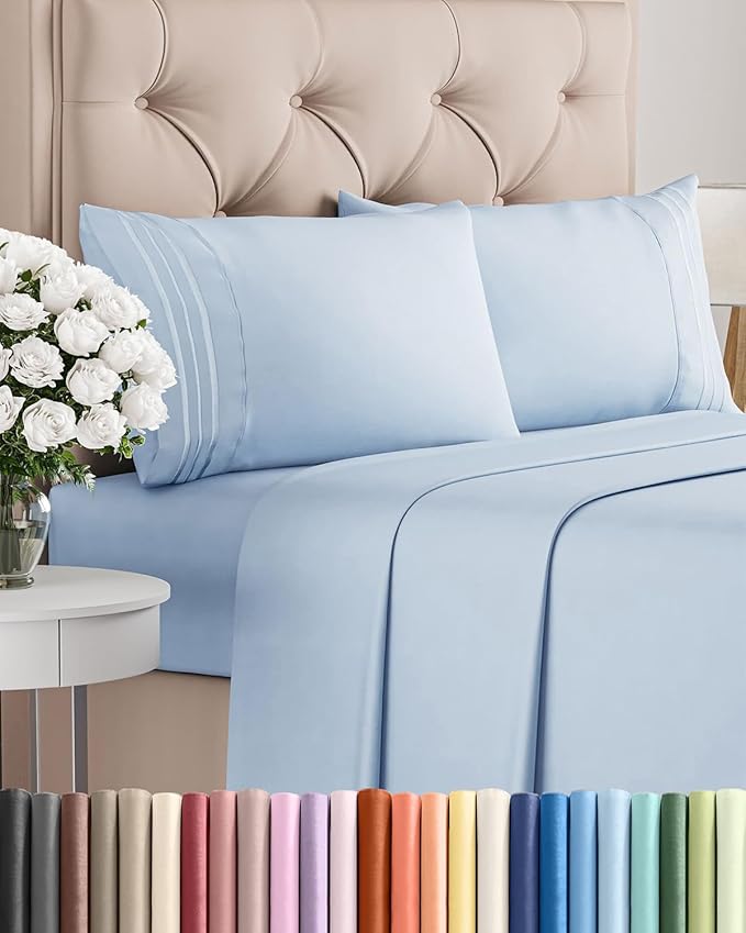 Queen Size 4 Piece Sheet Set - Comfy Breathable & Cooling Bed Sheets Set - Hotel Luxury Bedding for Women, Men, Kids, Teens, Boys & Girls - Deep Pockets, Ultra-Soft, Wrinkle Free - Oeko-Tex - Sky Blue