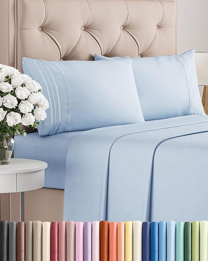 Queen Size 4 Piece Sheet Set - Comfy Breathable & Cooling Bed Sheets Set - Hotel Luxury Bedding for Women, Men, Kids, Teens, Boys & Girls - Deep Pockets, Ultra-Soft, Wrinkle Free - Oeko-Tex - Sky Blue
